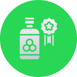 A green icon of a medicine bottle with a quality award ribbon.