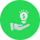 Green icon of a hand holding a light bulb symbolizing ideas.