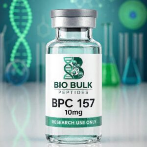 A vial of Bio Bulk Peptides BPC 157 10mg for research use.