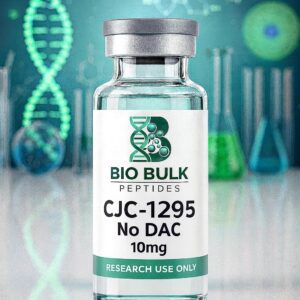 A vial labeled CJC-1295 peptide for research use, with a DNA strand background.