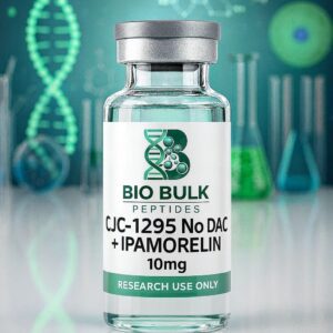 A vial of 10mg Ipamorelin peptide for research use only.