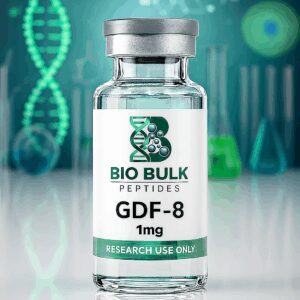 A vial of GDF-8 research chemical with biotech graphics in the background.