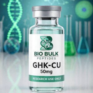 A vial of GHK-Cu peptide, 50mg, labeled Bio Bulk Peptides.