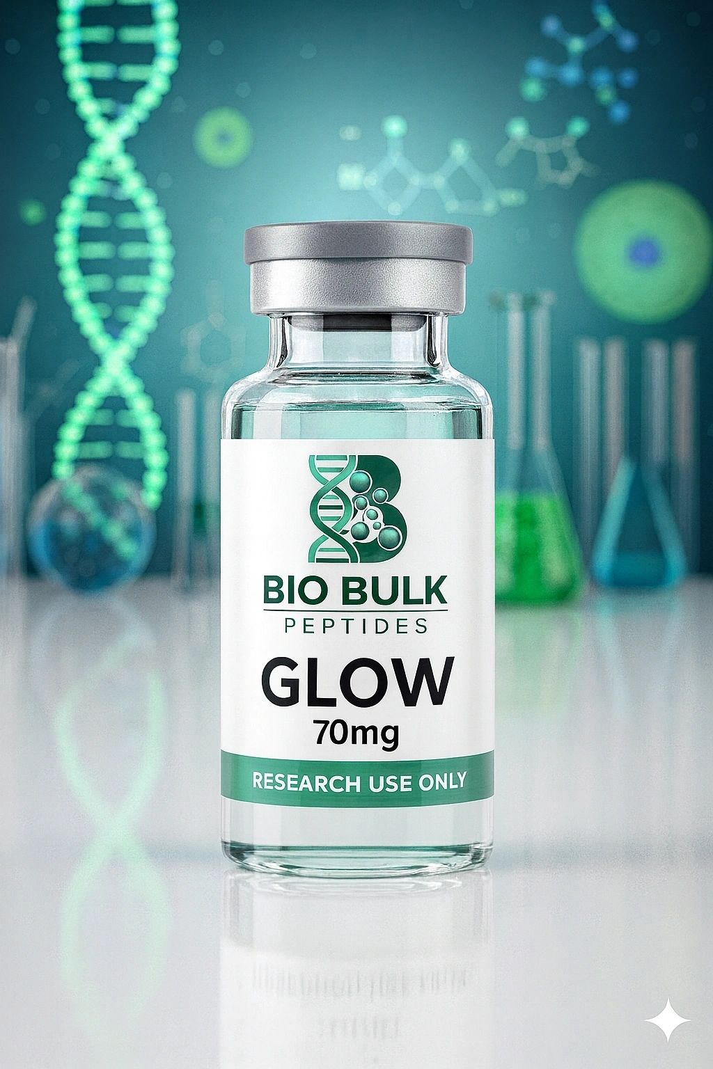A vial of Bio Bulk Supplements Glow 70mg with a DNA background.