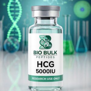 A vial labeled HCG 5000IU for research use by Bio Bulk Peptides.