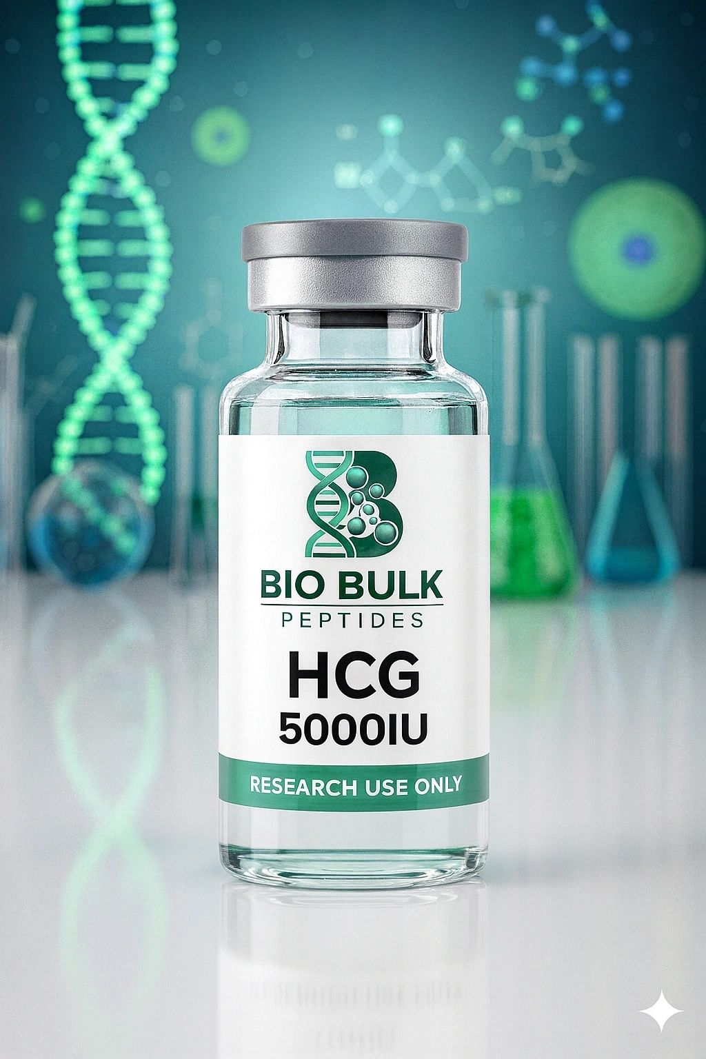 A vial labeled HCG 5000IU for research use by Bio Bulk Peptides.