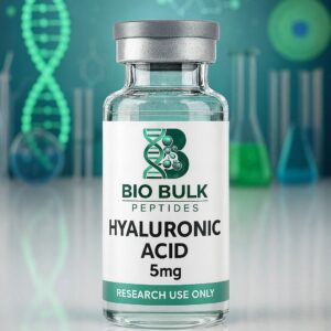 A vial of Bio Bulk Hyaluronic Acid 5mg for research use.