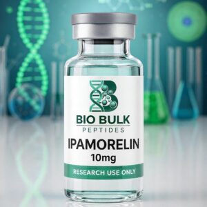 A vial of 10mg Bio Bulk Peptides Ipamorelin for research use.