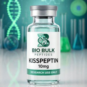 Vial of Kisseptin 10mg for research use only with DNA strand in background.