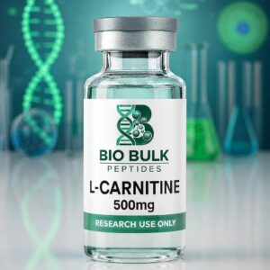 A vial of Bio Bulk Peptides L-Carnitine 500mg supplement.