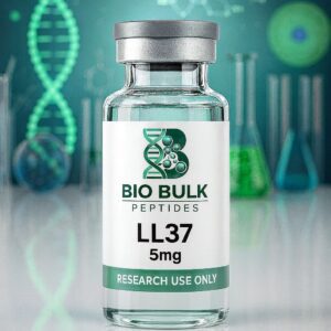 A vial labeled Bio Bulk Peptides LL37 5mg for research use.