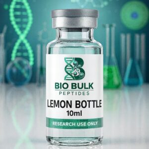 A 10ml vial of Bio Bulk Peptides Lemon Bottle with scientific background.