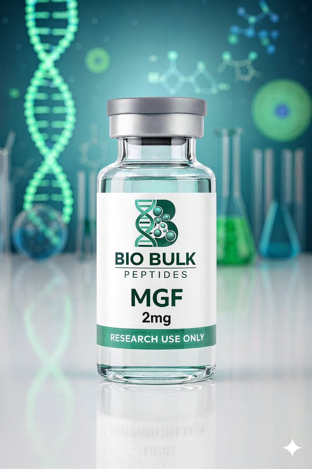 Vial of MGF peptide for research use with DNA background.