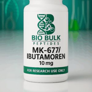 A bottle of MK-677 Ibutamoren peptide supplement for research use.