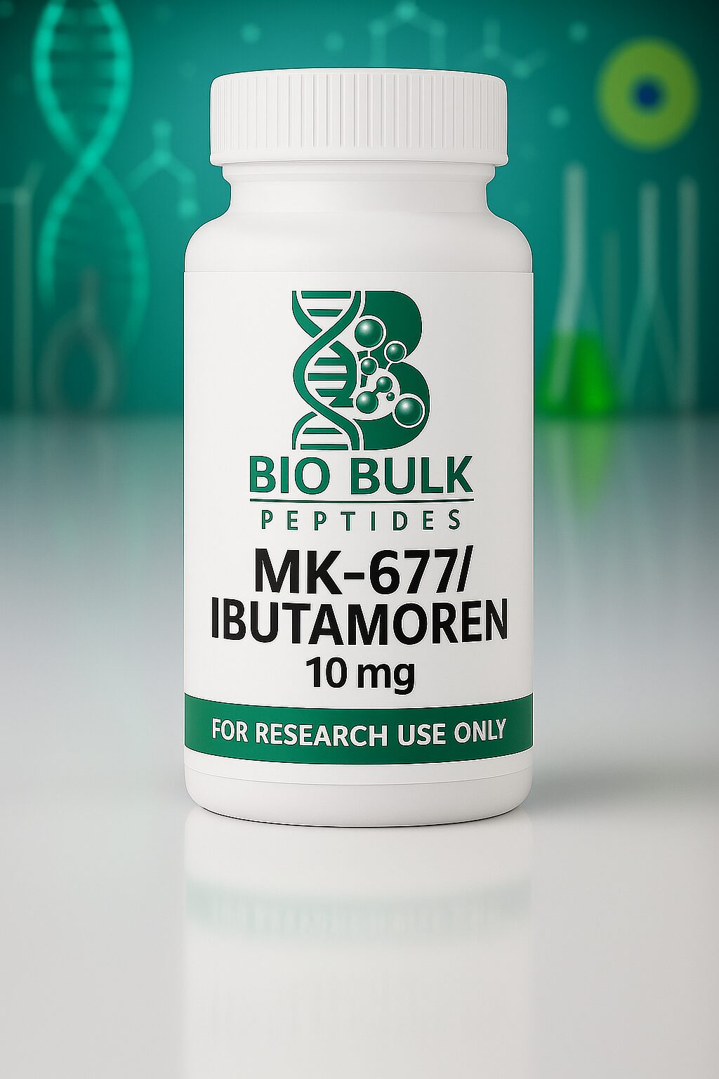 A bottle of MK-677 Ibutamoren peptide supplement for research use.
