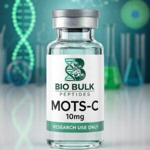 A vial labeled MOTS-C peptide 10mg by Bio Bulk Peptides.