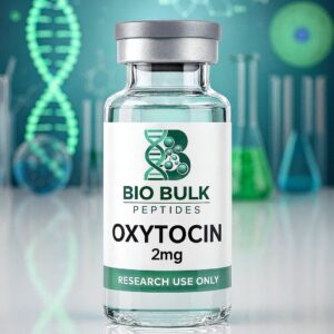 Vial labeled Oxytocin 2mg for research use only, with DNA strand background.