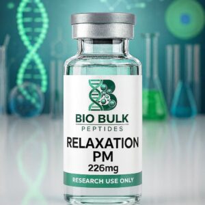 A vial of Bio Bulk Relaxation PM sleep aid with a DNA strand background.