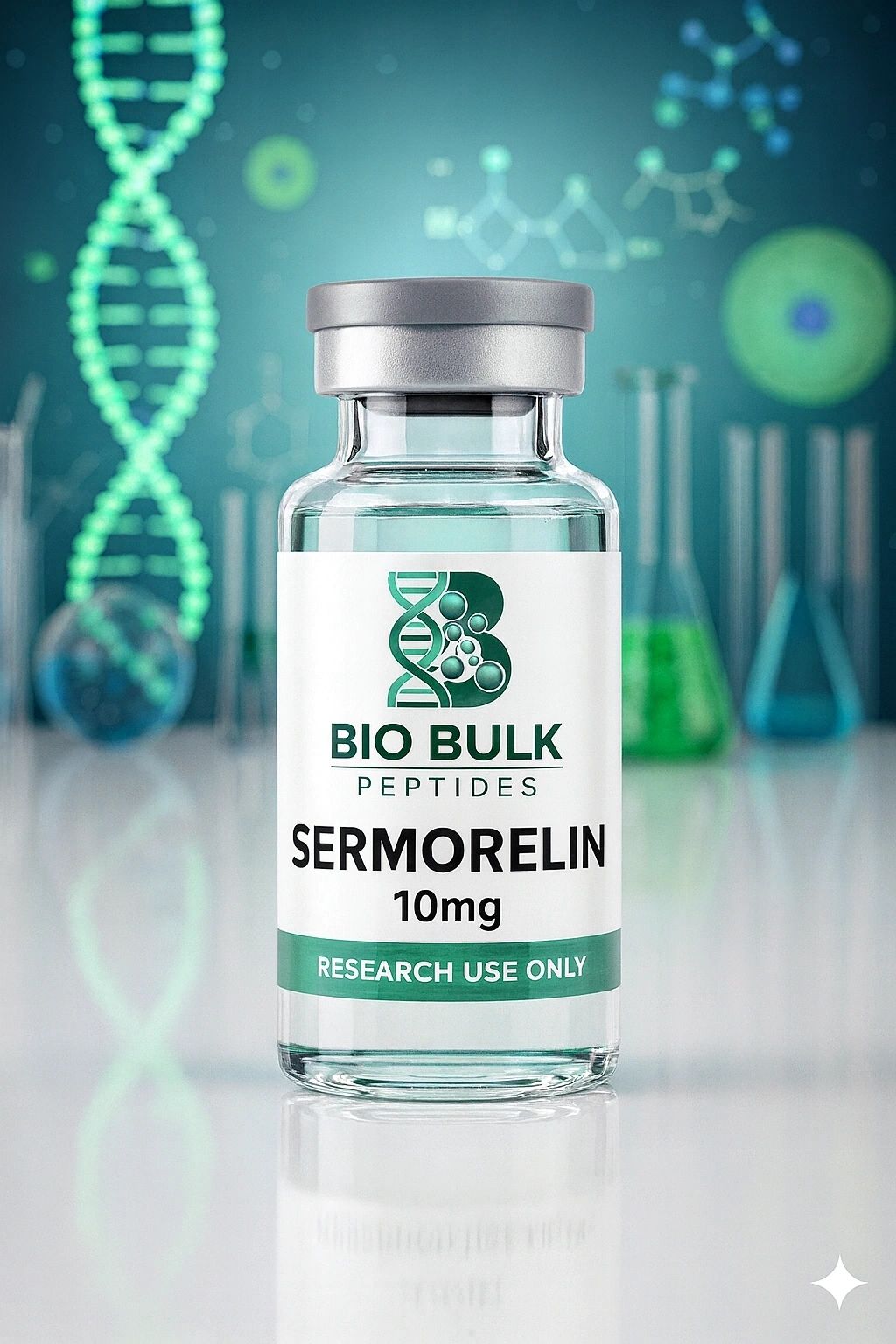 A vial of Bio Bulk peptides Sermorelin for research use.
