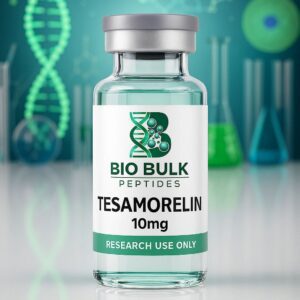A vial of Tesamorelin peptide for research use, 10mg.