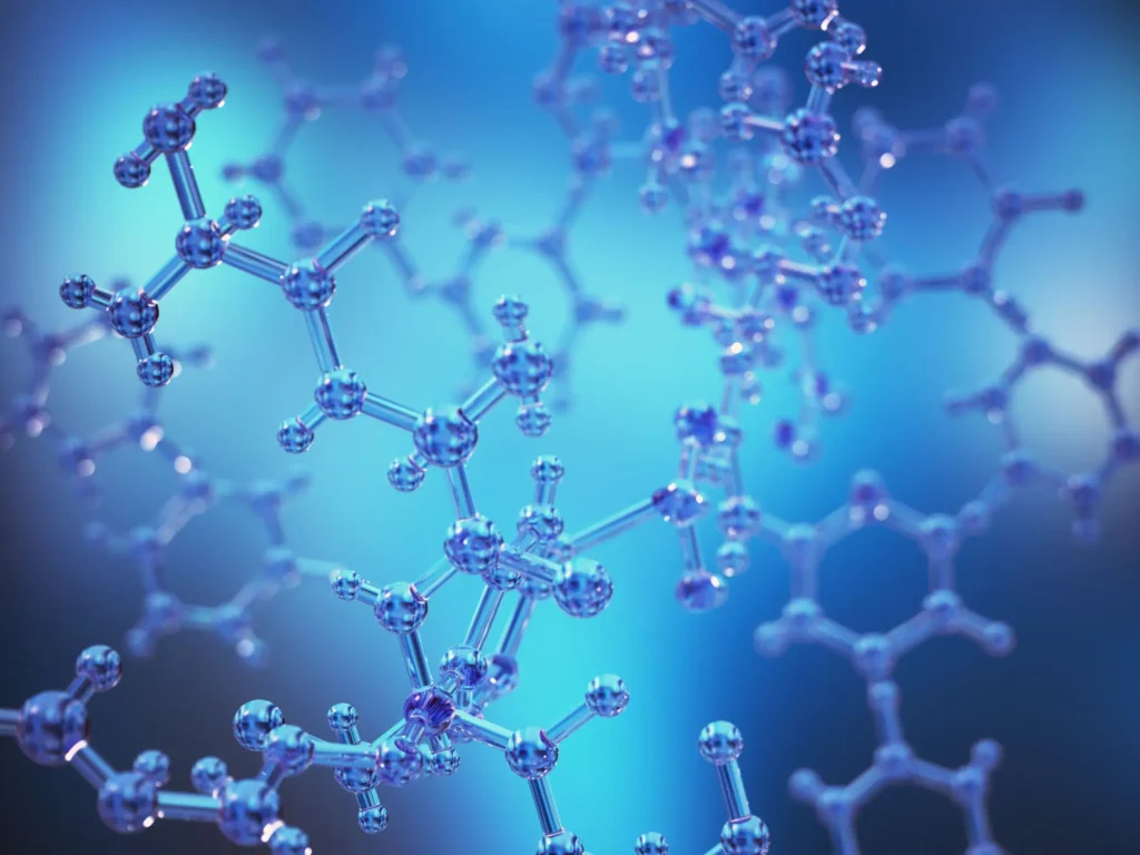 Visualization of a molecular structure with interconnected atoms and bonds.