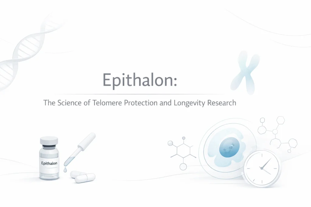 Epithalon logo with scientific imagery emphasizing telomere research.
