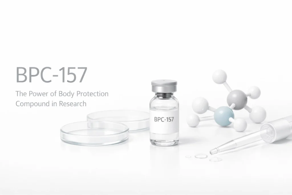 A vial labeled OPC-157 sits beside a petri dish and molecular models on a white surface.
