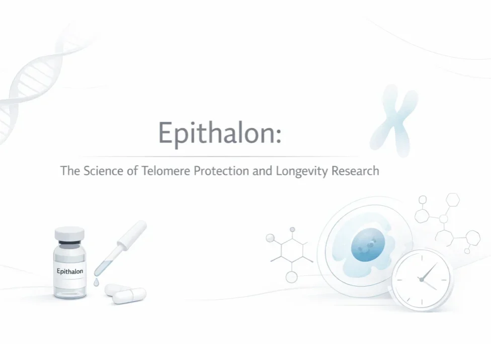 Epithalon logo with scientific imagery emphasizing telomere research.