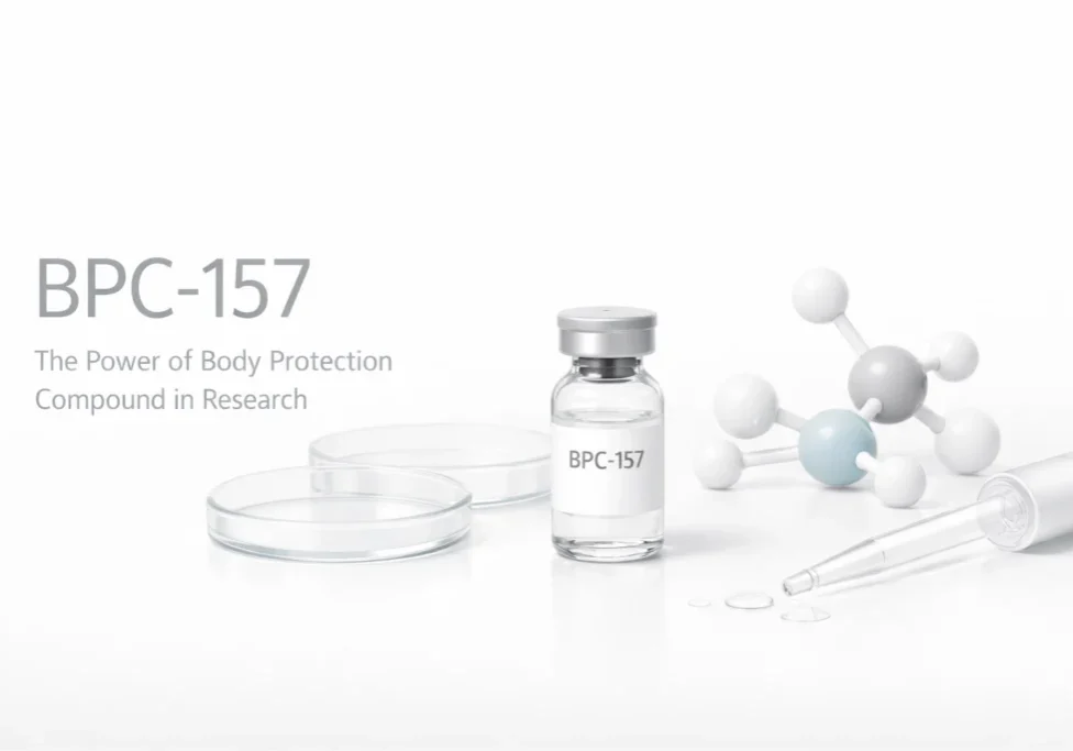 A vial labeled OPC-157 sits beside a petri dish and molecular models on a white surface.